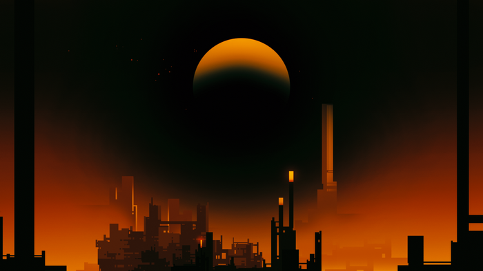 Futuristic cityscape at night with a large moon