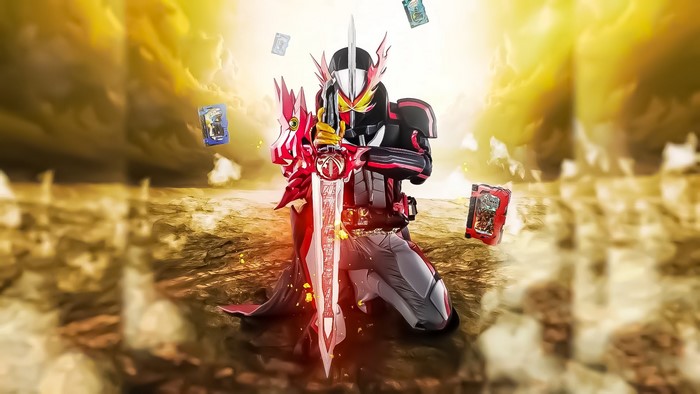 Kamen Rider Saber with sword and cards