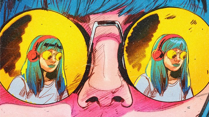 Girl with headphones and glasses reflected in sunglasses