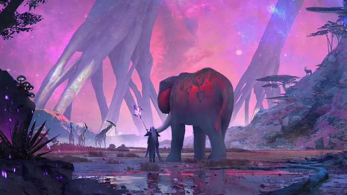 Fantasy landscape with elephant and person holding staff