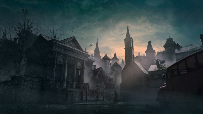 Abandoned city with gothic architecture and a bus