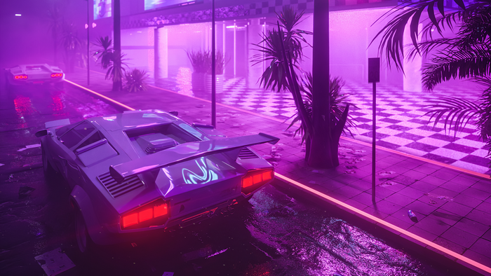 Lamborghini Countach on a neon-lit street