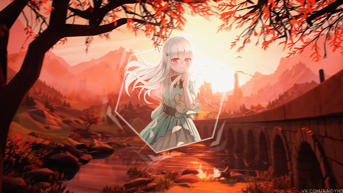 Anime girl in a hexagonal frame with a scenic background
