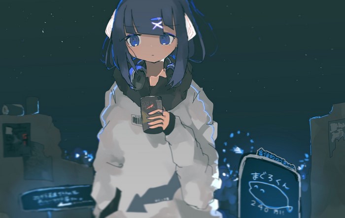 Anime girl with headphones holding a drink