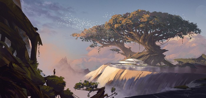 Futuristic building under a large tree with a waterfall
