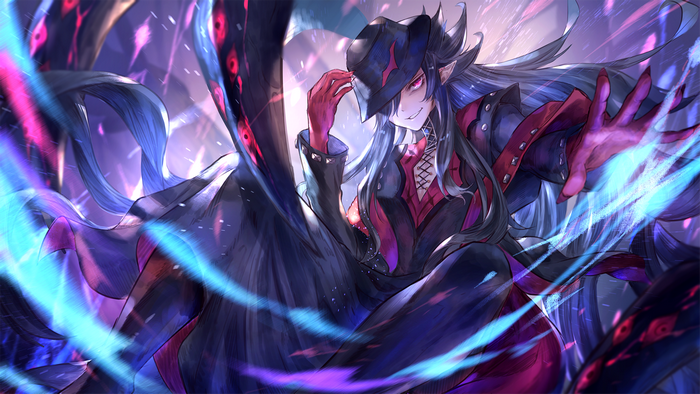 Anime character with long black hair and hat