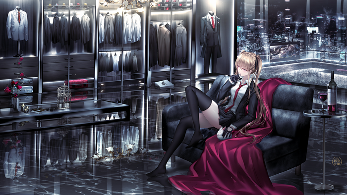 Anime girl in suit with red cape in closet overlooking cityscape