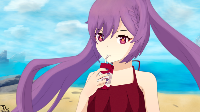 Keqing drinking juice on the beach