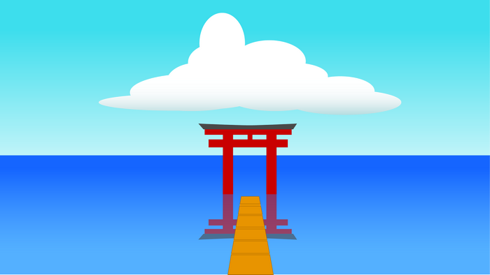 Red Torii gate in the ocean under a cloud