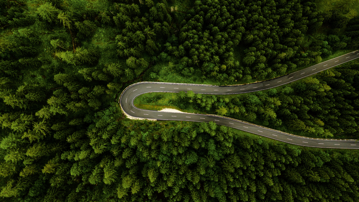 Aerial view of a winding road through a dense forest