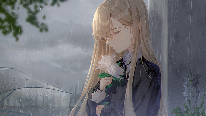 Girl in the Rain Holding White Flowers