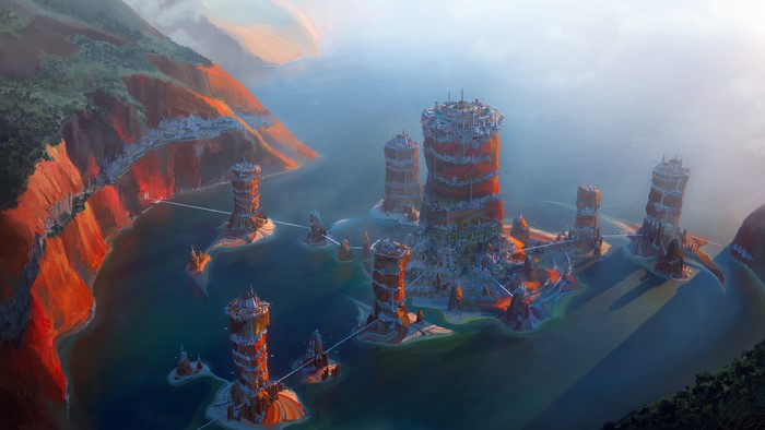 Futuristic city on towers in a sea with cliffs