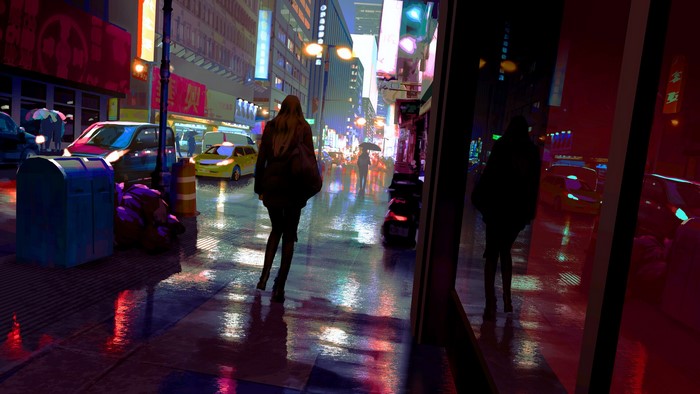 Digital art of a rainy city street at night