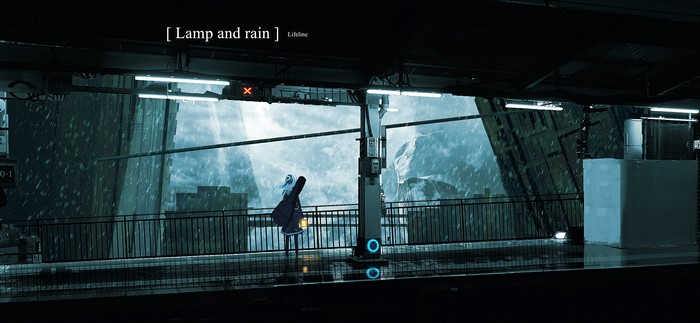 Anime girl with guitar case on train platform in rain