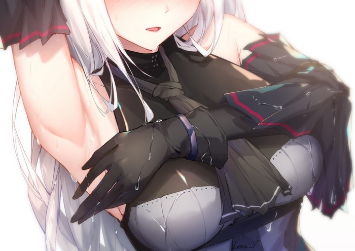 Skadi from Arknights with white hair and wet clothing