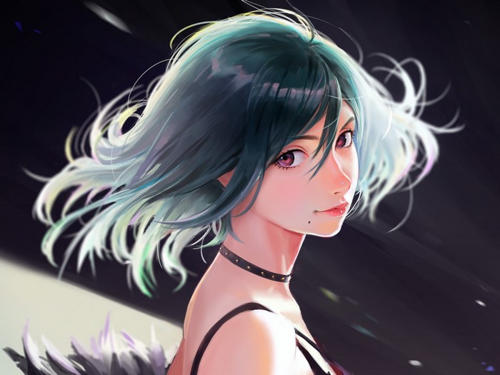 Anime girl with teal and white hair, choker