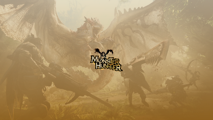 Monster Hunter video game title screen with dragon and hunters