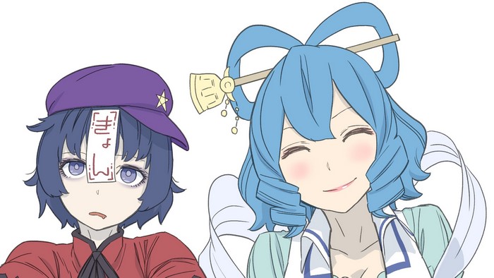 Two anime girls, one with a purple hat and paper on her forehead, the other with blue hair and a bell accessory.