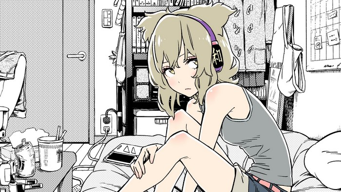 Anime girl with headphones in a room