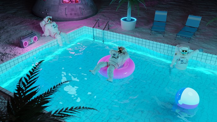 Astronauts at a neon pool party on the moon