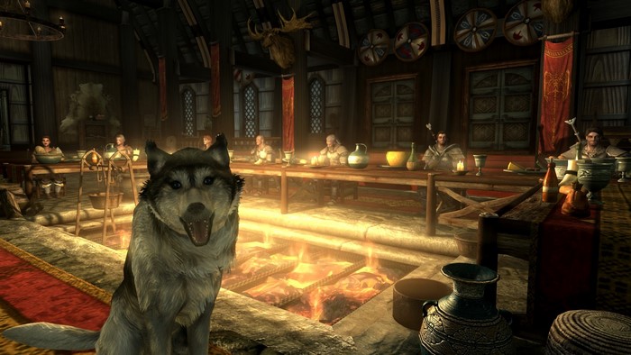 Dog in a Skyrim Great Hall with people dining