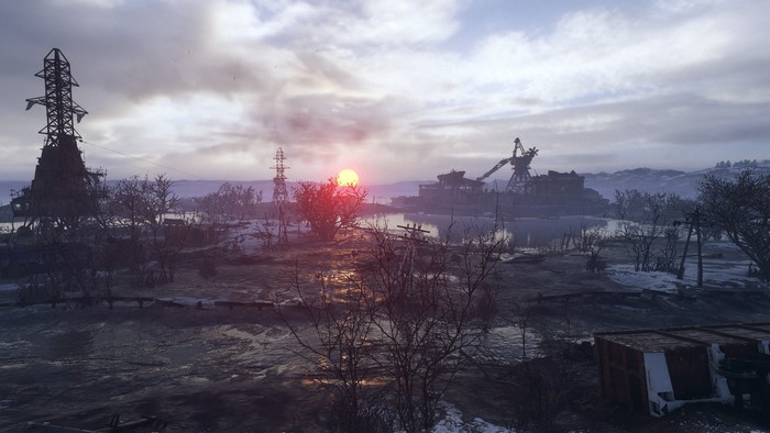 Metro Exodus industrial landscape at sunset