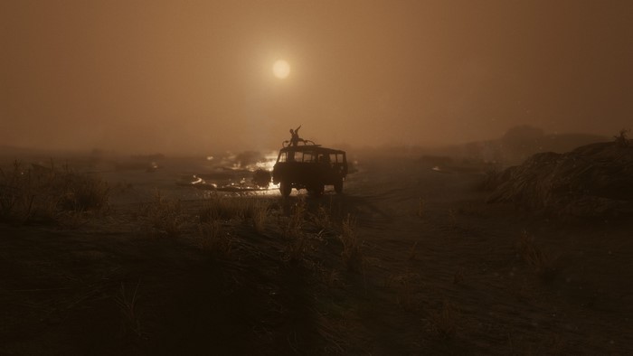 Metro Exodus van in a foggy landscape