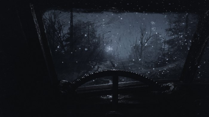 View from car in Metro Exodus during snowfall