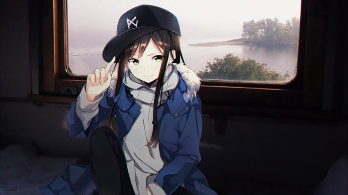 Anime girl in a train with a cap