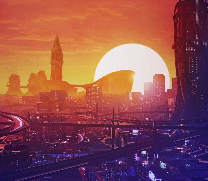 Futuristic Cityscape at Sunset with Large Sun