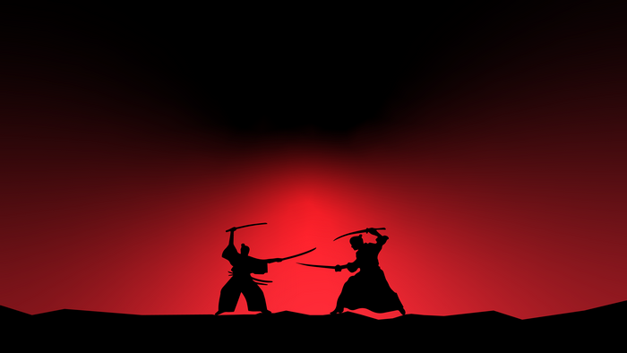 Samurai fighting in silhouette against red background