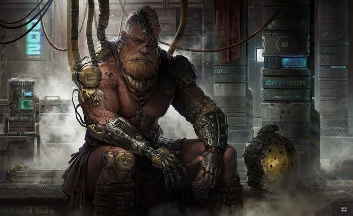 Cyberpunk cyborg man with mechanical arm