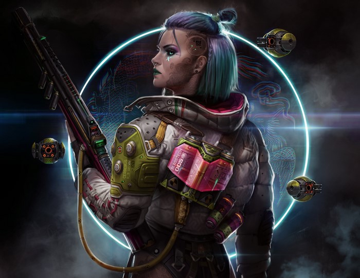 Cyberpunk woman with futuristic rifle and drones