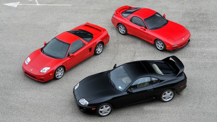 Three Japanese sports cars: Acura NSX, Mazda RX-7, Toyota Supra