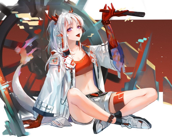 Nian from Arknights holding a weapon