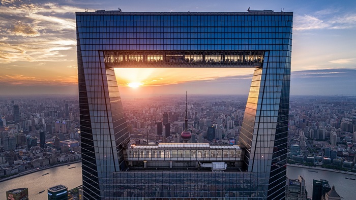 Shanghai skyscraper with a hole at sunset