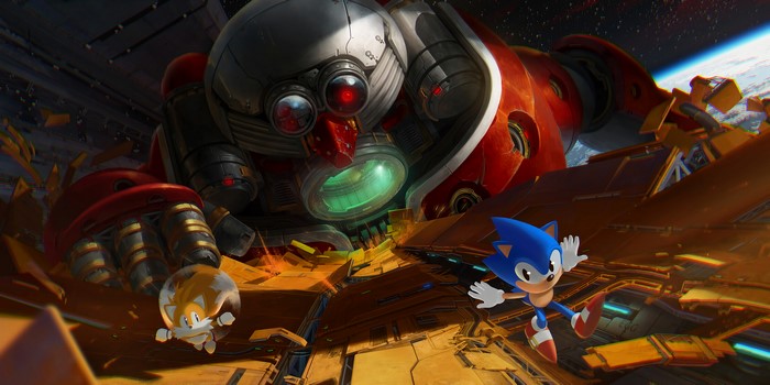 Sonic and Tails from Sonic the Hedgehog facing a giant robot