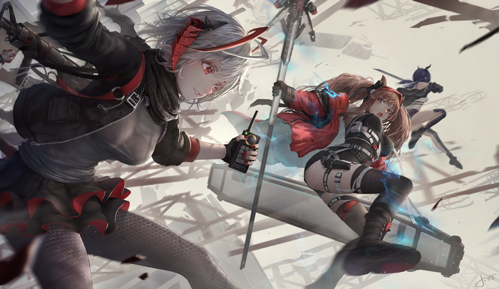 Anime girls from Arknights in battle