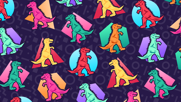 Dinosaurs in 90s style geometric patterns