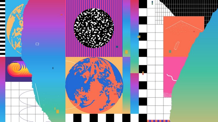Collage of abstract shapes and planetary imagery