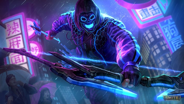 4K Smite Skull Skin with Pickaxes in Neon China