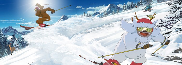 Sasquatch and Yeti skiing down a snowy mountain