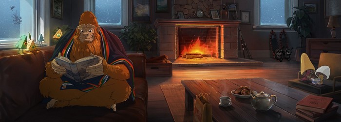 Sasquatch reading by a fireplace in a cozy cabin