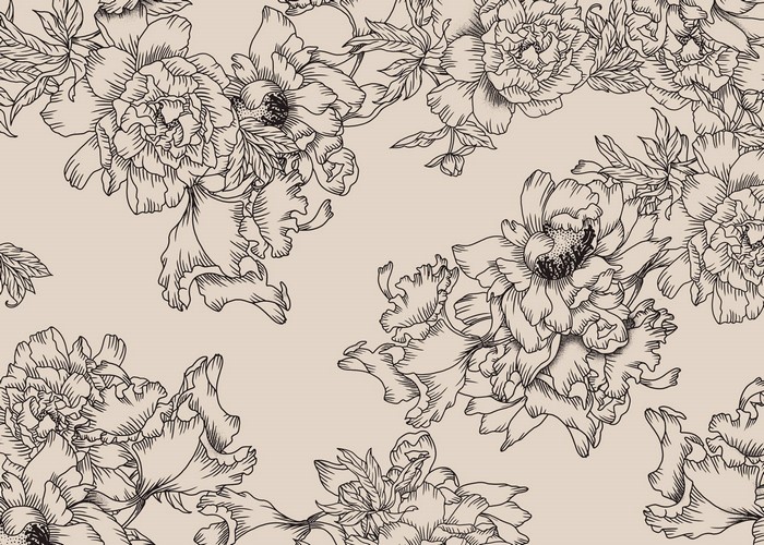 Monochrome floral pattern with peonies