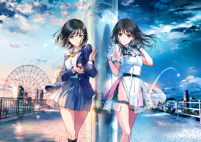 Two anime girls in school uniforms and performance outfits on a bridge