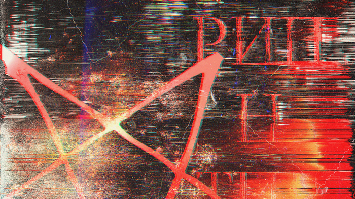 Abstract Glitch Art with Pentagram and Text