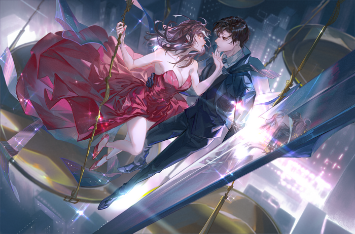 Anime couple in formal wear on a swing