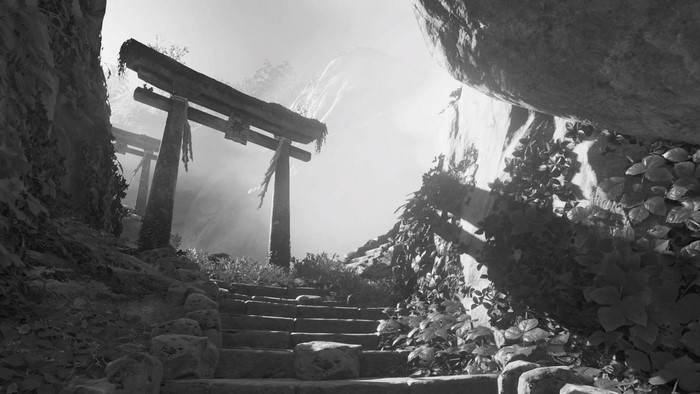 Monochrome image of Japanese shrine torii gates and stone steps