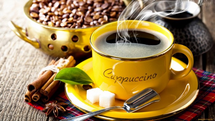 Cappuccino coffee cup with coffee beans and cinnamon sticks