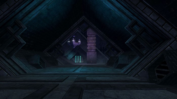 Interior of a dark, geometric chamber with glowing pillars